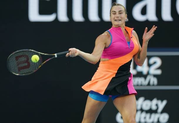 (260118) -- MELBOURNE, Jan. 18, 2026 -- Aryna Sabalenka of Belarus hits a return to Tiantsoa Rakotomanga Rajaonah of France during the women s singles 1st round match at the Australian Open tennis tournament in Melbourne, Australia, Jan. 18, 2026. (Photo by Xinhua) (SP)AUSTRALIA-MELBOURNE-TENNIS-AUSTRALIAN OPEN-WOMEN S SINGLES WangxShen 