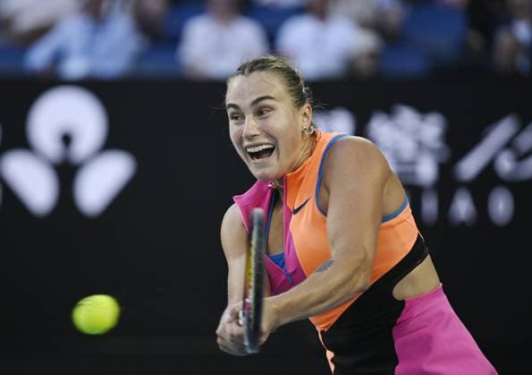 (260118) -- MELBOURNE, Jan. 18, 2026 -- Aryna Sabalenka of Belarus hits a return to Tiantsoa Rakotomanga Rajaonah of France during the women s singles 1st round match at the Australian Open tennis tournament in Melbourne, Australia, Jan. 18, 2026. (Photo by Xinhua) (SP)AUSTRALIA-MELBOURNE-TENNIS-AUSTRALIAN OPEN-WOMEN S SINGLES WangxShen 
