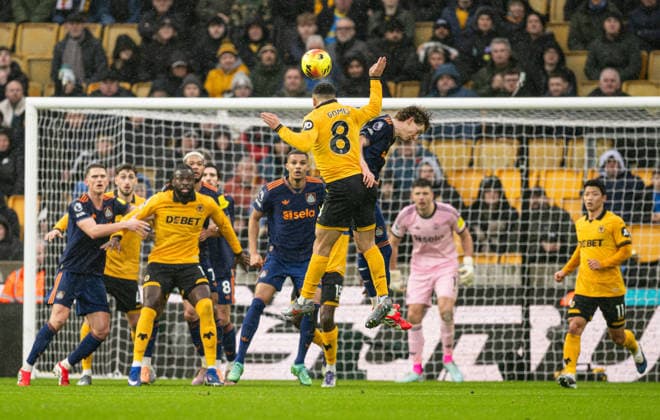 18th January 2026; Molineux Stadium, Wolverhampton, West Midlands, England; Premier League Football, Wolverhampton Wanderers versus Newcastle United; Joao Gomes of Wolverhampton Wanderers heads towards goal  GodfreyxPitt Content restricted for UK based newspaper