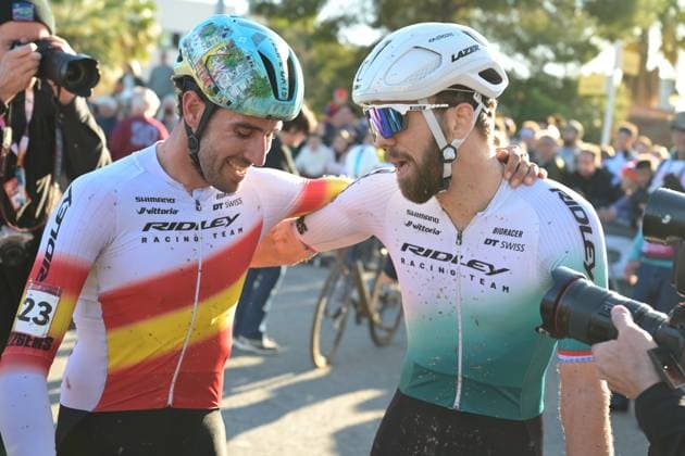 Spanish Felipe Orts Lloret and Dutch Joris Nieuwenhuis pictured after the Men s Elite race at the cyclocross cycling event in Benidorm, Spain, Sunday 18 January 2026, stage 10 12 in the UCI World Cup competition. DAVIDxPINTENS  x156810365x