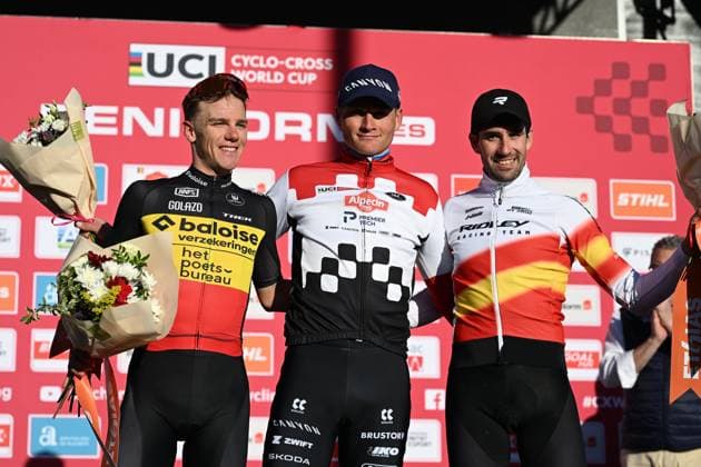 UCI Cyclocross World Cup 2025-2026 Benidorm BENIDORM, SPAIN - JANUARY 18 : Van Der Poel Mathieu (NED) of Alpecin-Deceuninck, Nys Thibau (BEL) of Baloise Glowi Lions and Orts Lloret Felipe (SPA) of Ridley Racing Team during the podium ceremony of the 10th leg of the Benidorm UCI Cyclocross World Cup 2025-2026 a cyclocross race for Men Elite on January 18, 2026 in Benidorm, Spain, 18 01 2026 ( Benidorm Spain  Copyright: xBcex