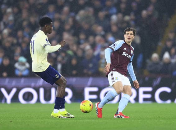 Birmingham, England, 18th January 2026. Pau Torres of Aston Villa (r) and Thierno Barry of Everton (l) during the Aston Villa vs Everton Premier League match at Villa Park, Birmingham. Picture credit should read: Jessica Hornby Sportimage EDITORIAL USE ONLY. No use with unauthorised audio, video, data, fixture lists, club league logos or live services. Online in-match use limited to 120 images, no video emulation. No use in betting, games or single club league player publications. SPI_021_JH_Villa_Everton SPI-4460-0023