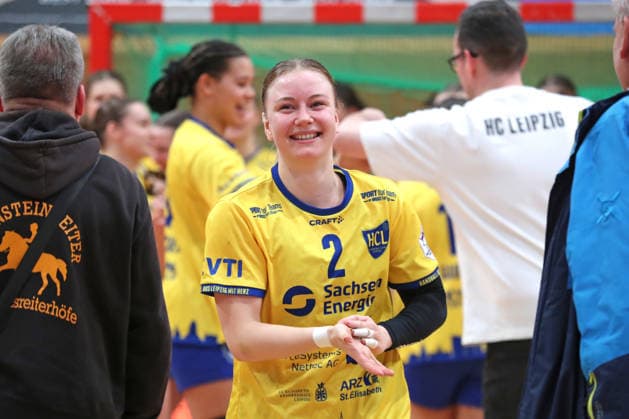 Handball, 2. Alsco HBF: HC Leipzig - TuS Lintfort; 18.01.2026 Pauline Uhlmann (2, HC Leipzig) mit einem Lächeln im Gesicht. Freude, Emotionen. 2. Alsco Handball Bundesliga Frauen, HBF, Saison 2025 2026, 14. Spieltag: HC Leipzig vs. TuS Lintfort am 18.01.2026 in der Sporthalle Brüderstraße Leipzig. Copyright: xBEAUTIFULxSPORTS JanxKaeferx