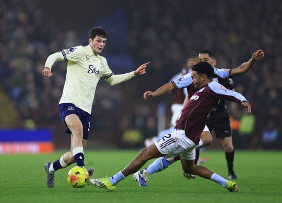 Birmingham, England, 18th January 2026. Merlin Röhl of Everton (l) tackled by Ian Maatsen of Aston Villa (r) during the Aston Villa vs Everton Premier League match at Villa Park, Birmingham. Picture credit should read: Jessica Hornby Sportimage EDITORIAL USE ONLY. No use with unauthorised audio, video, data, fixture lists, club league logos or live services. Online in-match use limited to 120 images, no video emulation. No use in betting, games or single club league player publications. SPI_025_JH_Villa_Everton SPI-4460-0025