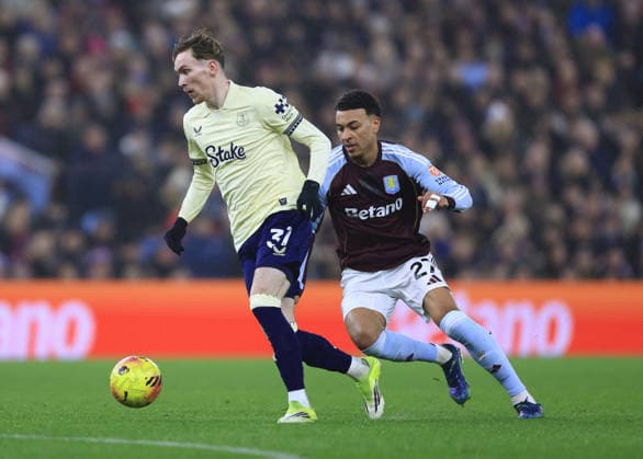 Birmingham, England, 18th January 2026. James Garner of Everton turns away from Morgan Rogers of Aston Villa during the Aston Villa vs Everton Premier League match at Villa Park, Birmingham. Picture credit should read: Jessica Hornby Sportimage EDITORIAL USE ONLY. No use with unauthorised audio, video, data, fixture lists, club league logos or live services. Online in-match use limited to 120 images, no video emulation. No use in betting, games or single club league player publications. SPI_026_JH_Villa_Everton SPI-4460-0026