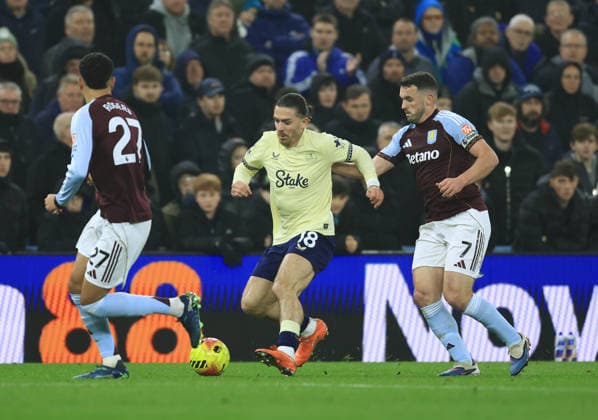 Birmingham, England, 18th January 2026. Jack Grealish of Everton (c) and John McGinn of Aston Villa (r) during the Aston Villa vs Everton Premier League match at Villa Park, Birmingham. Picture credit should read: Jessica Hornby Sportimage EDITORIAL USE ONLY. No use with unauthorised audio, video, data, fixture lists, club league logos or live services. Online in-match use limited to 120 images, no video emulation. No use in betting, games or single club league player publications. SPI_028_JH_Villa_Everton SPI-4460-0028