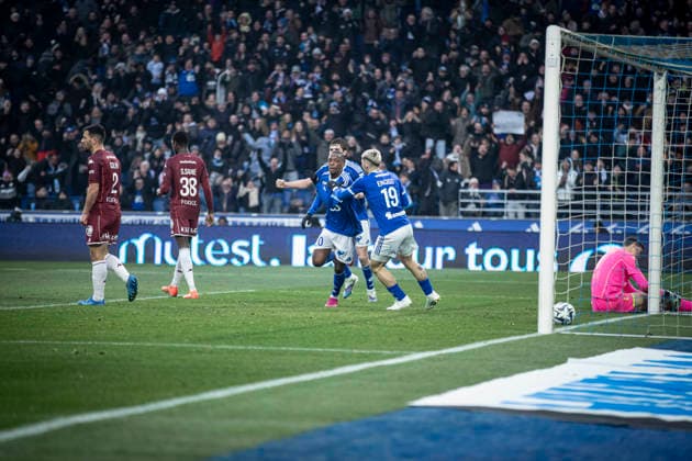 FOOTBALL: Ligue 1 Racing Strasbourg (RCS) vs Metz FC. 18 01 2026 Stade de la Meinau - Strasbourg Joie des joueurs de l equipe de Racing Strasbourg apres le but de Martial Godo 20 (RCS)  Copyright: xElyxandroxCEGARRAx