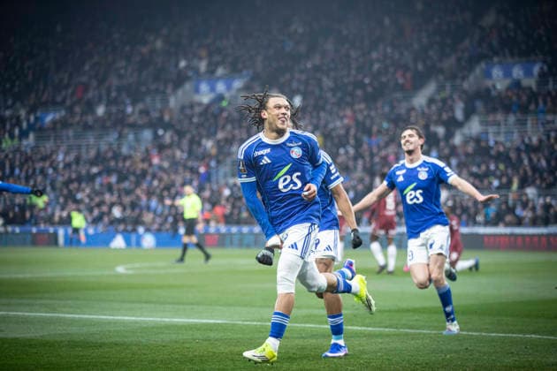 FOOTBALL: Ligue 1 Racing Strasbourg (RCS) vs Metz FC. 18 01 2026 Stade de la Meinau - Strasbourg Joie des joueurs de l equipe de Racing Strasbourg apres le but de Diego Moreira 7 (RCS)  Copyright: xElyxandroxCEGARRAx