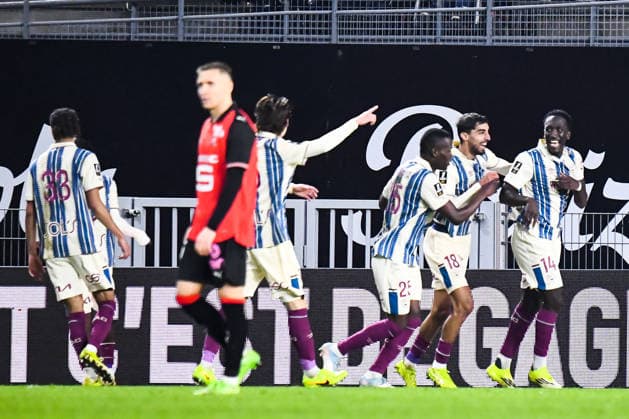 FOOTBALL : Stade Rennais vs Havre AC - Ligue 1 - JournÃ e 18 - 18 01 2026 Joie des joueurs de l™AC Le Havre aprÃ s le but de Felix Mambimbi (AC Le Havre) RennesFrance  Copyright: xBaptistexAutissierx
