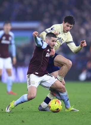 Birmingham, England, 18th January 2026. Merlin Röhl of Everton disrupts Emiliano Buendia of Aston Villa during the Aston Villa vs Everton Premier League match at Villa Park, Birmingham. Picture credit should read: Jessica Hornby Sportimage EDITORIAL USE ONLY. No use with unauthorised audio, video, data, fixture lists, club league logos or live services. Online in-match use limited to 120 images, no video emulation. No use in betting, games or single club league player publications. SPI_061_JH_Villa_Everton SPI-4460-0061