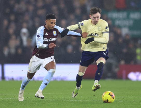 Birmingham, England, 18th January 2026. Ollie Watkins of Aston Villa tussles with James Garner of Everton during the Aston Villa vs Everton Premier League match at Villa Park, Birmingham. Picture credit should read: Jessica Hornby Sportimage EDITORIAL USE ONLY. No use with unauthorised audio, video, data, fixture lists, club league logos or live services. Online in-match use limited to 120 images, no video emulation. No use in betting, games or single club league player publications. SPI_063_JH_Villa_Everton SPI-4460-0063