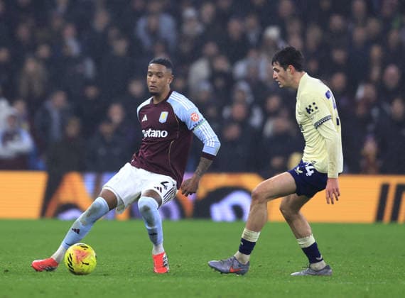 Birmingham, England, 18th January 2026. Ezri Konsa of Aston Villa (l) pressured by Merlin Röhl of Everton (r) during the Aston Villa vs Everton Premier League match at Villa Park, Birmingham. Picture credit should read: Jessica Hornby Sportimage EDITORIAL USE ONLY. No use with unauthorised audio, video, data, fixture lists, club league logos or live services. Online in-match use limited to 120 images, no video emulation. No use in betting, games or single club league player publications. SPI_064_JH_Villa_Everton SPI-4460-0064