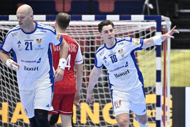 KRISTIANSTAD, SVERIGE 20260118 Iceland s Orri Freyr Thorkelsson celebrtaes a goal during the 2026 EHF European Men s Handball Championship (the EHF Euro 2026) match between Poland and Iceland at Kristianstad Arena, in Kristianstad, Sweden, on January 18, 2026. KRISTIANSTAD SVERIGE x50090x