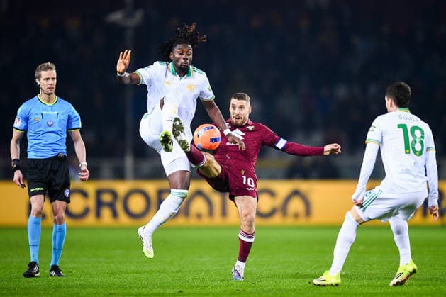 2026-01-18 Torino FC v AS Roma - Serie A TURIN, ITALY - JANUARY 18: Manu Kone of AS Roma battles for the ball with Nikola Vlasic of Torino FC during the Serie A match between Torino FC and AS Roma at Stadio Olimpico di Torino on January 18, 2026 in Turin, Italy. (Photo by Alberto Gandolfo BSR Agency) Turin Italy Content not available for redistribution in The Netherlands directly or indirectly through any third parties. Copyright: xBSRxAgencyx