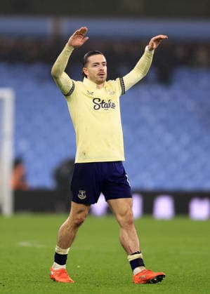 Birmingham, England, 18th January 2026. Jack Grealish of Everton acknowledges the Holte End during the Aston Villa vs Everton Premier League match at Villa Park, Birmingham. Picture credit should read: Jessica Hornby Sportimage EDITORIAL USE ONLY. No use with unauthorised audio, video, data, fixture lists, club league logos or live services. Online in-match use limited to 120 images, no video emulation. No use in betting, games or single club league player publications. SPI_077_JH_Villa_Everton SPI-4460-0077