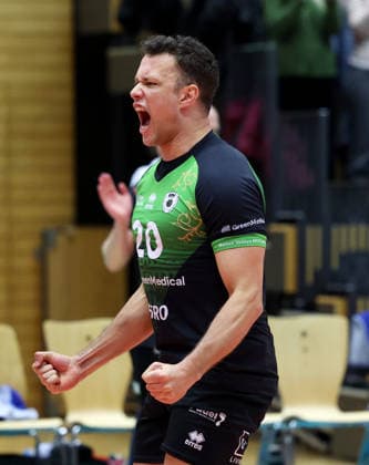 18.01.2026, Deutschland, Ludwigsburg, Volleyball Barock Volleys Ludwigsburg vs. Baden Volleys SSC Karlsruhe, Jeffrey Klok (LB) jubelt