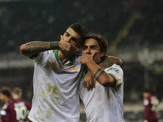 Paolo Dybala of AS Roma and Gianluca Mancini of AS Roma celebrating after a goal during the Italian Serie A, 2025 26 season, football match between Torino FC and AS Roma on 18 January 2026, at Stadio Olimpico Grande Torino, Italy. Photo Nderim KACELI  Copyright: xNderimxKaceli IPAxSportx xipa-agency.netx xx IPA_70263179 IPA_Agency_IPA70263179