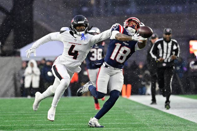 Jan 18, 2026; Foxborough, MA, USA; Houston Texans cornerback Kamari Lassiter (4) breaks up a pass to New England Patriots wide receiver Kyle Williams (18) during the first half of the AFC divisional playoff round at Gillette Stadium, in Foxborough, Massachusetts. CSM Foxborough USA - ZUMAc04_ 20260118_faf_c04_037 Copyright: xEricxCanhax