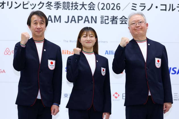 (L-R) Masahiko Harada, Kaori Sakamoto, Hidehito Ito (JPN), JANUARY 18, 2026 - Olympic : A press conference, PK, Pressekonferenz after the Japan national team, Nationalteam Organization Ceremony for the Milano Cortina 2026 Olympic Winter games, Winterspiele,Spiele, Summer games in Chiba, Japan. Noxthirdxpartyxsales  aflo_316512052