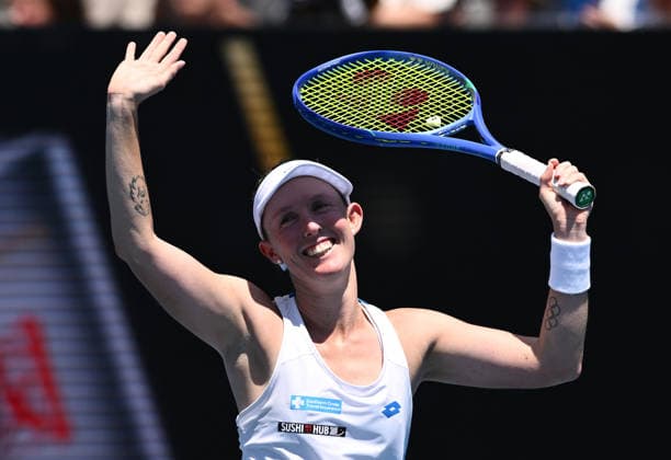 TENNIS AUSTRALIAN OPEN, Storm Hunter of Australia celebrates winning the Women™s 1st round match against Jessica Bouzas Maneiro of Spain on day 2 of the 2026 Australian Open tennis tournament at Melbourne Park in Melbourne, Monday, January 19, 2026. ( NO ARCHIVING MELBOURNE VICTORIA AUSTRALIA  Copyright: xJOELxCARRETTx 20260119158242302073