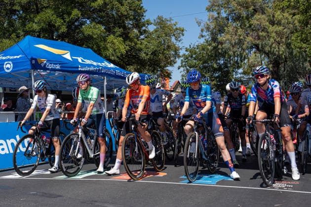 The leading riders wait for the start of the race during the Santos Womens Tour Down Under Hyundai Stage 3 from Norwood to Campbelltown in Adelaide, Australia. Copyright: xNoexLlamasx xSPPx Sportspressphoto_SPR83310