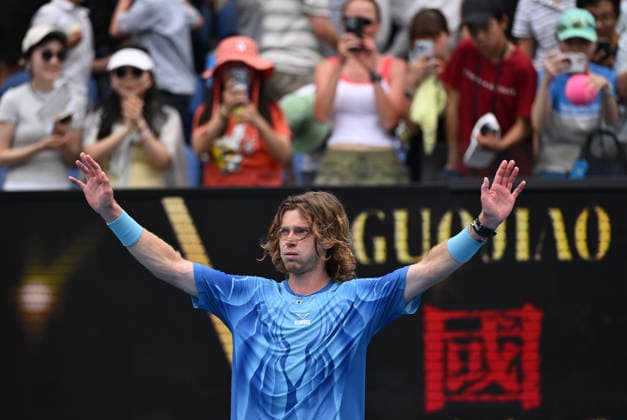 TENNIS AUSTRALIAN OPEN, Andrey Rublev of Russia celebrates winning the Men™s 1st round match against Matteo Arnaldi of Italy on day 2 of the 2026 Australian Open tennis tournament at Melbourne Park in Melbourne, Monday, January 19, 2026. ( NO ARCHIVING MELBOURNE VICTORIA AUSTRALIA  Copyright: xJAMESxROSSx 20260119190487525274