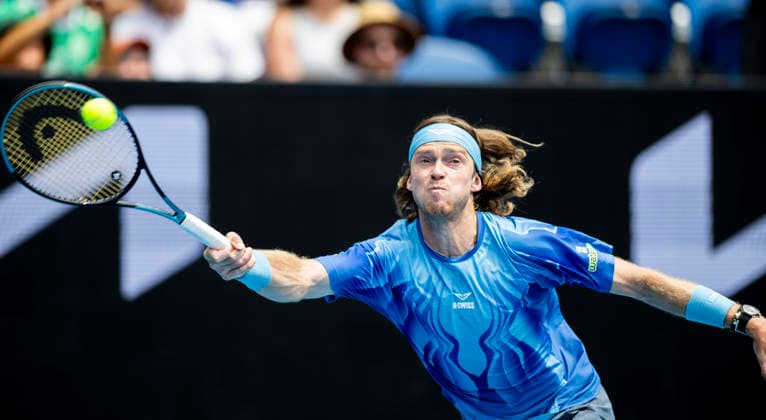 (260119) -- MELBOURNE, Jan. 19, 2026 -- Andrey Rublev of Russia hits a return during the men s singles 1st round match against Matteo Arnaldi of Italy at the Australian Open tennis tournament in Melbourne, Australia, Jan. 19, 2026. (Photo by Xinhua) (SP)AUSTRALIA-MELBOURNE-TENNIS-AUSTRALIAN OPEN-MEN S SINGLES-DAY 2 HuxJingchen 
