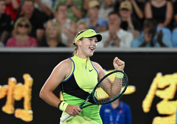 TENNIS AUSTRALIAN OPEN, Mirra Andreeva of Russia celebrates winning the Women™s 1st round match against Donna Vekic of Croatia on day 2 of the 2026 Australian Open tennis tournament at Melbourne Park in Melbourne, Monday, January 19, 2026. ( NO ARCHIVING MELBOURNE VICTORIA AUSTRALIA  Copyright: xJAMESxROSSx 20260119175473512298