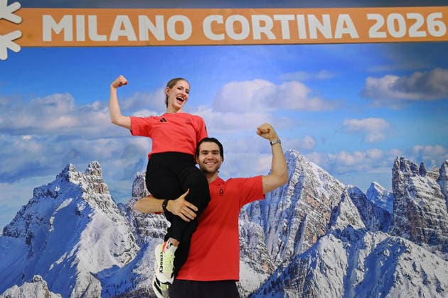 Minerva Fabienne Hase und Nikita Volodin (GER), Eiskunstlauf,Paarlauf.Paarlaeufer vor Alpenkulisse, Dolomiten. Einkleidung Team Deutschland fuer die Winterspiele 2026 in Mailand und Cortina am 19.01.2026, *** Minerva Fabienne Hase and Nikita Volodin GER , figure skating,pair skating pair skaters in front of alpine scenery, Dolomites Dressing Team Germany for the 2026 Winter Games in Milan and Cortina on 19 01 2026,