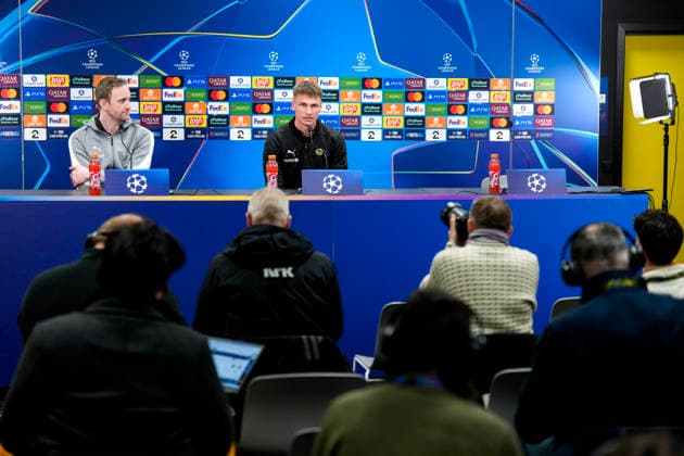 Football, press conference with Bodo Glimt Bodoe 20260119 Bodoe Glimt s coach Kjetil Knutsen and Odin Bjoertuft during a press conference with Bodo Glimt at Aspmyra stadium before the Champions League football match against Manchester city Photo Fredrik Varfjell NTB Bodo Norway EDITORIAL USE ONLY RESTRICTED USE FOR BETTING COMPANIES  Copyright: xFredrikxVarfjellx xNTBx