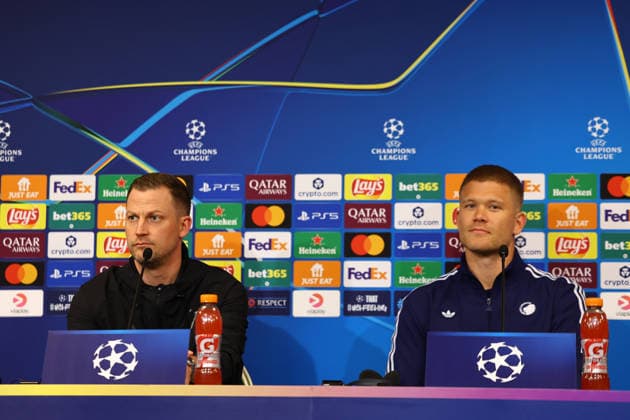 January 19, 2026, Copenaghen, Denmark, Italy: Jacob Neestrup coach of F.C. Copenaghen and Andreas Cornelius during a press conference, PK, Pressekonferenz head of the UEFA Champions League 2025 26 League Phase MD7 match between F.C. Copenhagen and SSC Napoli at Parken Stadium in Copenhagen, Denmark, on January 19, 2026 Copenaghen Italy - ZUMAl131 20260119_zsp_l131_004 Copyright: xCiroxDexLucax