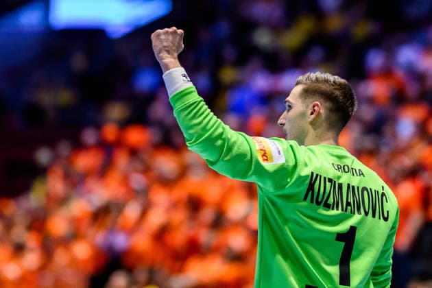 260119 Goalkeeper Dominik Kuzmanovic of Croatia celebrates during the EHF European Handball Championship preliminary round match between the Netherlands and Croatia on January 19, 2026 in Malmö. Photo: Petter Arvidson BILDBYRAN kod PA PA1126 handball handboll handball handbolls-em 2026 nederländerna netherlands croatia kroatien ehf european handball championship bbeng grappa33 jubel Copyright: PETTERxARVIDSON BB260119PA054