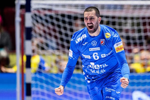 260119 Mario Sostaric of Croatia celebrates during the EHF European Handball Championship preliminary round match between the Netherlands and Croatia on January 19, 2026 in Malmö. Photo: Petter Arvidson BILDBYRAN kod PA PA1126 handball handboll handball handbolls-em 2026 nederländerna netherlands croatia kroatien ehf european handball championship bbeng grappa33 jubel Copyright: PETTERxARVIDSON BB260119PA080