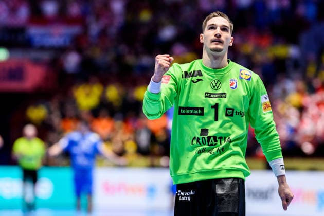 260119 Goalkeeper Dominik Kuzmanovic of Croatia celebrates after the EHF European Handball Championship preliminary round match between the Netherlands and Croatia on January 19, 2026 in Malmö. Photo: Petter Arvidson BILDBYRAN kod PA PA1126 handball handboll handball handbolls-em 2026 nederländerna netherlands croatia kroatien ehf european handball championship bbeng grappa33 jubel Copyright: PETTERxARVIDSON BB260119PA090