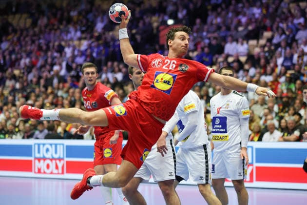 Österreich - Serbien, EHF Handball EM 2026 Lukas Herburger (Österreich, 26). Handball EHF Europameisterschaft, Länderspiel zwischen Österreich und Serbien am 19. Januar 2026 in Herning (Dänemark)., Herning Dänemark Jyske Bank Boxen