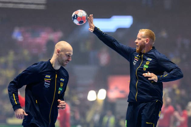 260119 Lukas Sandell and Jim Gottfridsson of Sweden ahead of the EHF European Handball Championship preliminary round match between Georgia and Sweden on January 19, 2026 in Malmö. Photo: Petter Arvidson BILDBYRAN kod PA PA1125 handball handboll handball handbolls-em 2026 georgien sverige sweden ehf european handball championship georgia bbeng Copyright: PETTERxARVIDSON BB260119PA098