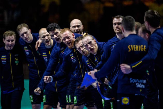 260119 Nikola Roganovic, Jim Gottfridsson, goalkeeper Mikael Appelgren of Sweden ahead of the EHF European Handball Championship preliminary round match between Georgia and Sweden on January 19, 2026 in Malmö. Photo: Petter Arvidson BILDBYRAN kod PA PA1125 handball handboll handball handbolls-em 2026 georgien sverige sweden ehf european handball championship georgia bbeng Copyright: PETTERxARVIDSON BB260119PA112