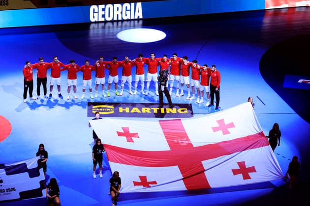 The Georgian team before the group stage match of the 2026 EHF European Men s Handball Championship (the EHF Euro 2026) Group E between Georgia and Sweden at Malmö Arena, Malmö, Sweden, January 19, 2026. MALMÖ SWEDEN x10600x