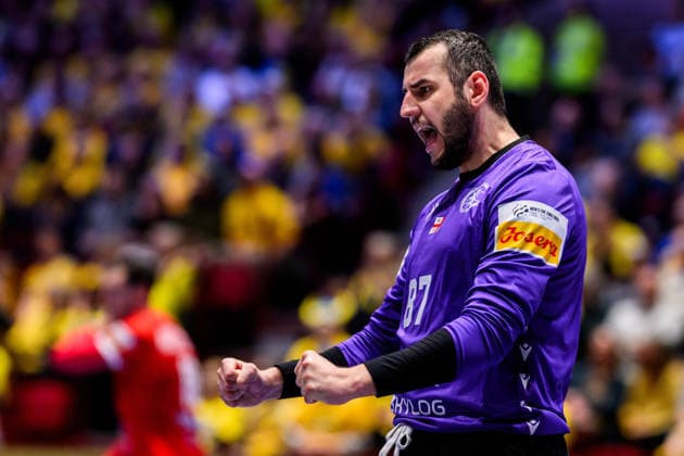 260119 goalkeeper David Nikabadze of Georgia celebrates during the EHF European Handball Championship preliminary round match between Georgia and Sweden on January 19, 2026 in Malmö. Photo: Petter Arvidson BILDBYRAN kod PA PA1125 handball handboll handball handbolls-em 2026 georgien sverige sweden ehf european handball championship georgia bbeng jubel Copyright: PETTERxARVIDSON BB260119PA133