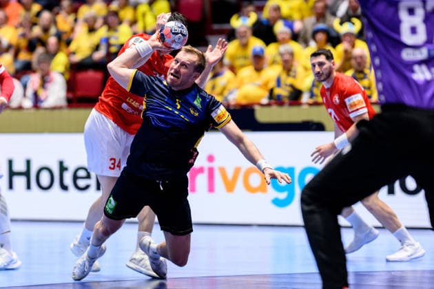 260119 Max Darj of Sweden during the EHF European Handball Championship preliminary round match between Georgia and Sweden on January 19, 2026 in Malmö. Photo: Petter Arvidson BILDBYRAN kod PA PA1125 handball handboll handball handbolls-em 2026 georgien sverige sweden ehf european handball championship georgia bbeng Copyright: PETTERxARVIDSON BB260119PA153