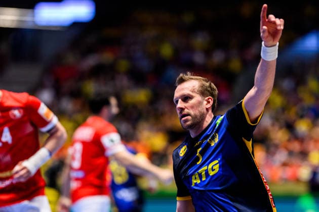260119 Max Darj of Sweden celebrates during the EHF European Handball Championship preliminary round match between Georgia and Sweden on January 19, 2026 in Malmö. Photo: Petter Arvidson BILDBYRAN kod PA PA1125 handball handboll handball handbolls-em 2026 georgien sverige sweden ehf european handball championship georgia bbeng jubel Copyright: PETTERxARVIDSON BB260119PA156