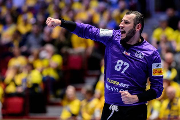 260119 goalkeeper David Nikabadze of Georgia celebrates during the EHF European Handball Championship preliminary round match between Georgia and Sweden on January 19, 2026 in Malmö. Photo: Petter Arvidson BILDBYRAN kod PA PA1125 handball handboll handball handbolls-em 2026 georgien sverige sweden ehf european handball championship georgia bbeng jubel Copyright: PETTERxARVIDSON BB260119PA162