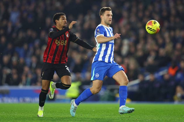 Brighton and Hove, England, 19th January 2026. Amine Adli of Bournemouth and Joel Veltman of Brighton and Hove Albion challenge for the ball during the Brighton and Hove Albion vs AFC Bournemouth Premier League match at the AMEX Stadium, Brighton and Hove. Picture credit should read: Paul Terry Sportimage EDITORIAL USE ONLY. No use with unauthorised audio, video, data, fixture lists, club league logos or live services. Online in-match use limited to 120 images, no video emulation. No use in betting, games or single club league player publications. SPI_008_PT_Brighton_Bournemouth SPI-4463-0008