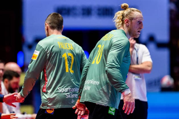 260119 Goalkeeper Andreas Palicka and goalkeeper Mikael Appelgren of Sweden during the EHF European Handball Championship preliminary round match between Georgia and Sweden on January 19, 2026 in Malmö. Photo: Petter Arvidson BILDBYRAN kod PA PA1125 handball handboll handball handbolls-em 2026 georgien sverige sweden ehf european handball championship georgia bbeng Copyright: PETTERxARVIDSON BB260119PA174