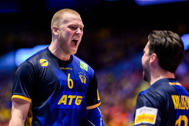 260119 Felix Möller of Sweden celebrates during the EHF European Handball Championship preliminary round match between Georgia and Sweden on January 19, 2026 in Malmö. Photo: Petter Arvidson BILDBYRAN kod PA PA1125 handball handboll handball handbolls-em 2026 georgien sverige sweden ehf european handball championship georgia bbeng jubel Copyright: PETTERxARVIDSON BB260119PA175