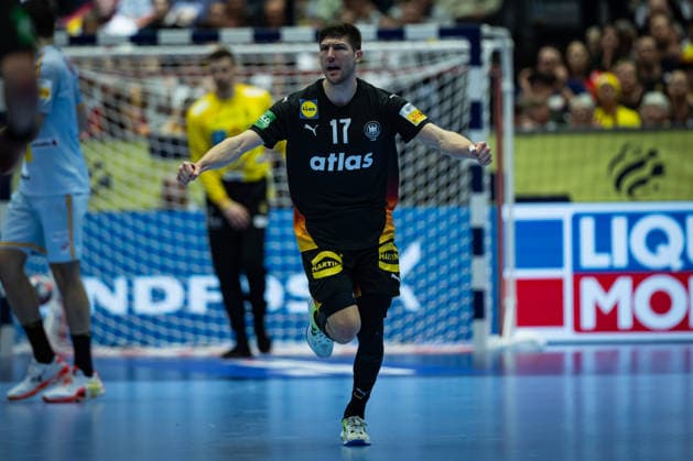 HERNING, DENMARK - JANUARY 19: celebration goal celebration Lukas Zerbe (Germany, 17) during the EHF EURO 2026 match between Germany vs Spain at Jyske Bank Boxen Arena on matchday 3 of the Group Matches Group A on January 19, 2026 in Herning, Denmark. Midtjylland Denmark Copyright: xMarioxM.xKobergx