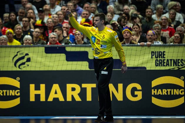 HERNING, DENMARK - JANUARY 19: goalie celebration joy after saved ball Sergey Hernandez Ferrer (Spain, 25) during the EHF EURO 2026 match between Germany vs Spain at Jyske Bank Boxen Arena on matchday 3 of the Group Matches Group A on January 19, 2026 in Herning, Denmark. Midtjylland Denmark Copyright: xMarioxM.xKobergx