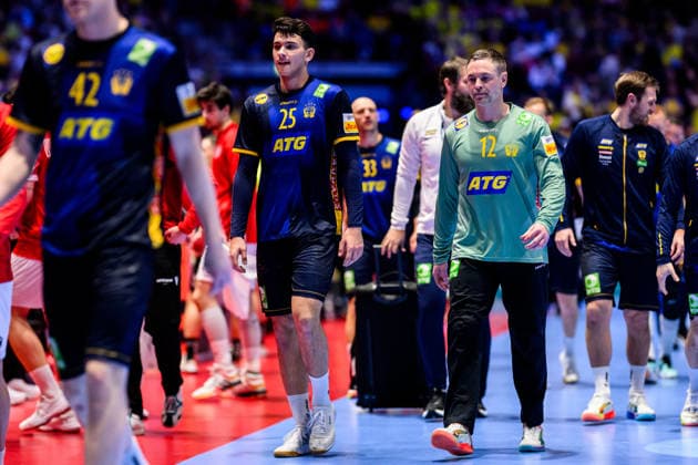 260119 Nikola Roganovic and goalkeeper Andreas Palicka of Sweden during the EHF European Handball Championship preliminary round match between Georgia and Sweden on January 19, 2026 in Malmö. Photo: Petter Arvidson BILDBYRAN kod PA PA1125 handball handboll handball handbolls-em 2026 georgien sverige sweden ehf european handball championship georgia bbeng Copyright: PETTERxARVIDSON BB260119PA183