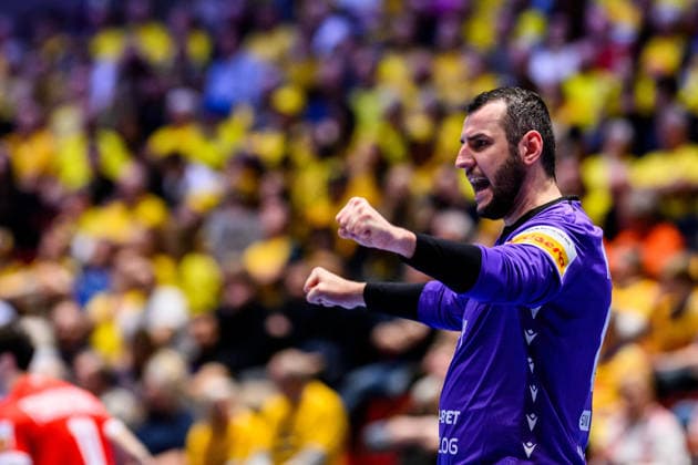 260119 goalkeeper David Nikabadze celebrates during the EHF European Handball Championship preliminary round match between Georgia and Sweden on January 19, 2026 in Malmö. Photo: Petter Arvidson BILDBYRAN kod PA PA1125 handball handboll handball handbolls-em 2026 georgien sverige sweden ehf european handball championship georgia bbeng jubel Copyright: PETTERxARVIDSON BB260119PA195