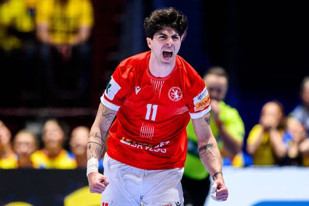 260119 Giorgi Tskhovrebadze of Georgia celebrates during the EHF European Handball Championship preliminary round match between Georgia and Sweden on January 19, 2026 in Malmö. Photo: Petter Arvidson BILDBYRAN kod PA PA1125 handball handboll handball handbolls-em 2026 georgien sverige sweden ehf european handball championship georgia bbeng jubel Copyright: PETTERxARVIDSON BB260119PA196